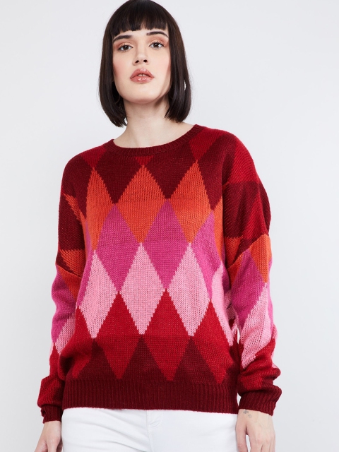 

max Women Red & Pink Argyle Drop-Shoulder Pullover Sweater