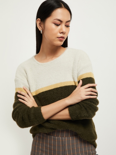 

max Women Off White & Olive Green Colourblocked Pullover Sweater, Multi