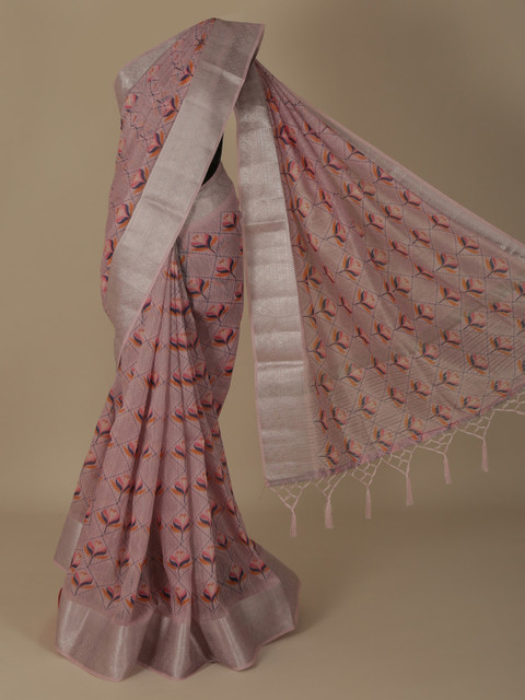 

Pothys Pink & Silver-Toned Linen Blend Printed Saree