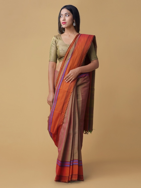 Unnati Silks Green & Brown Pure Kanchi Cotton Solid Saree