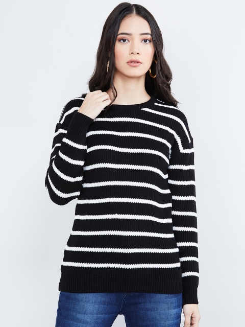 

max Women Black & White Striped Pullover Sweater