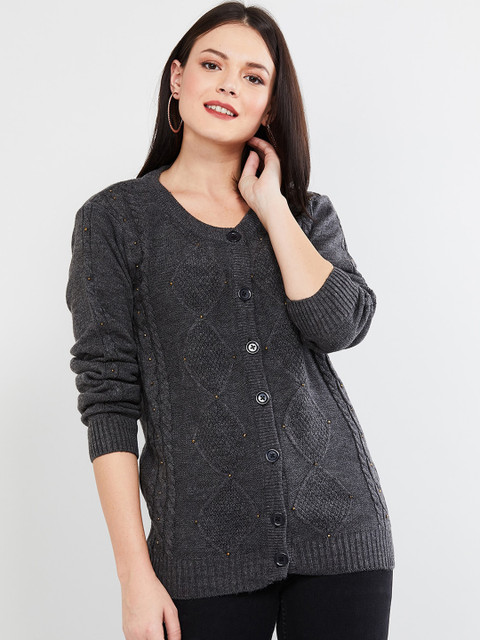 

max Women Charcoal Grey Cable Knit Patterned Cardigan Sweater