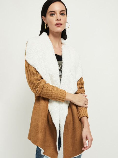 

max Women Brown & White Colourblocked Open Front Jacket