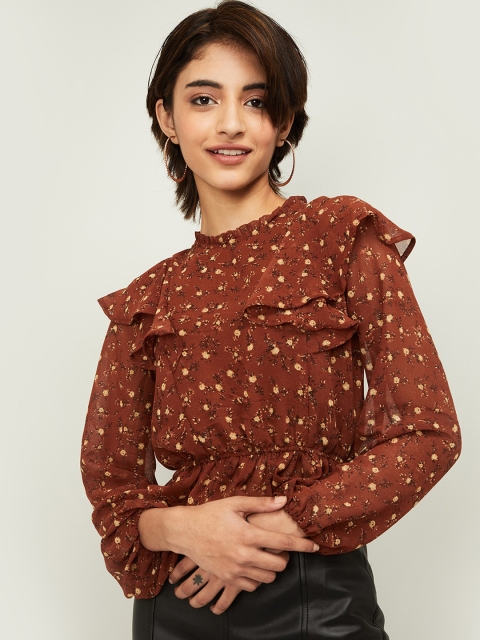 Ginger by Lifestyle Women Brown Printed Peplum Top