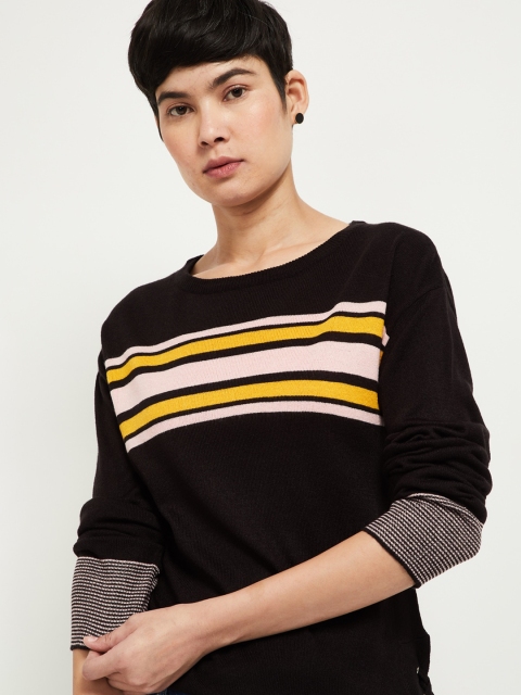 

max Women Black & Yellow Striped Pullover Sweater