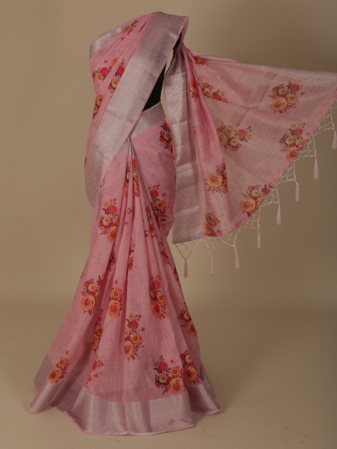 

Pothys Pink & Silver-Toned Linen Blend Printed Saree