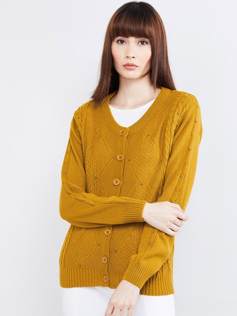 max Women Mustard Yellow Self-Design Embellished Cardigan