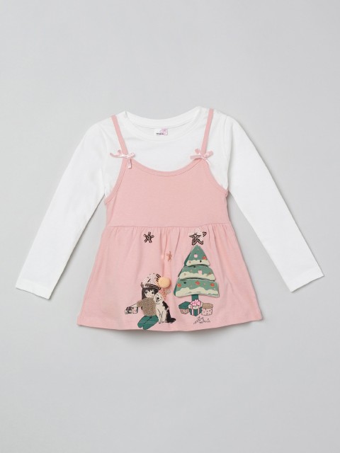 

max Girls Pink Printed Pinafore Dress