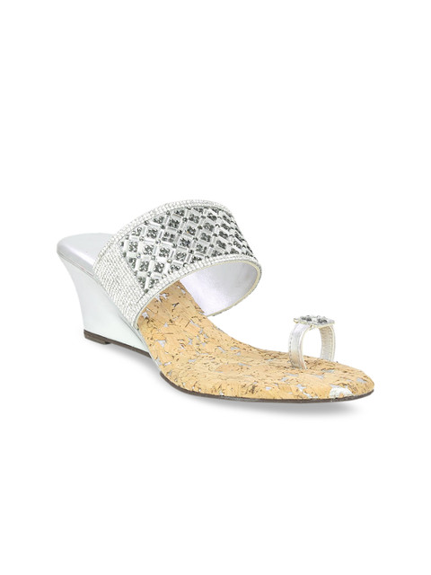 

Inc 5 Women Silver-Toned & Off-White Embellished Wedges