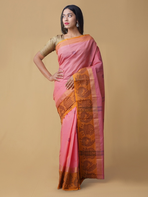 

Unnati Silks Pink & Orange Pure Cotton Printed Handloom Saree