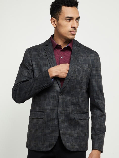 

max Men Grey Checked Single-Breasted Casual Blazer