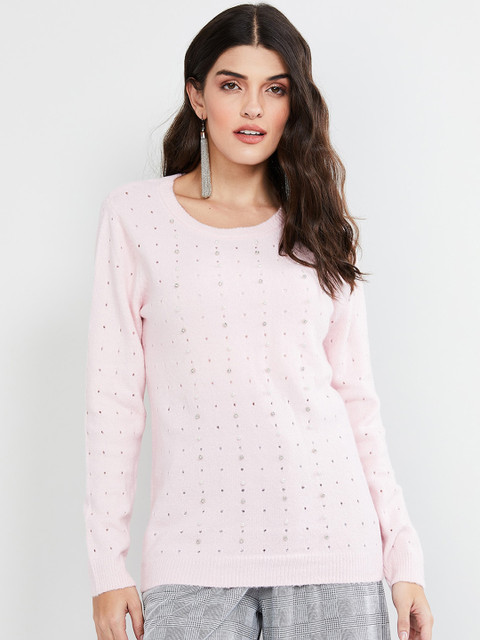 

max Women Pink Embellished Pullover Sweater