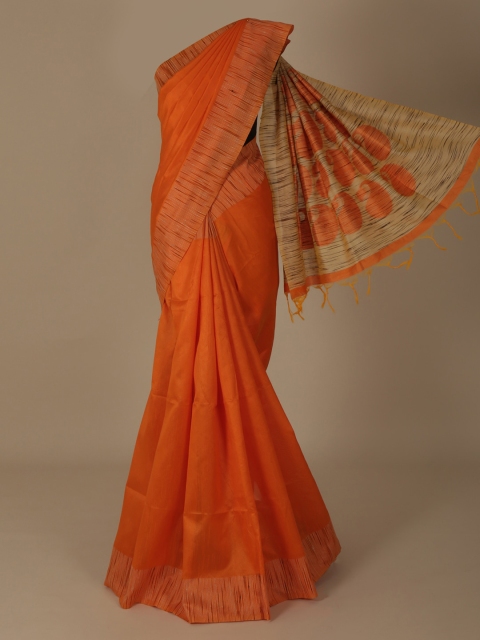 

Pothys Orange & Yellow Jute Silk Solid Saree