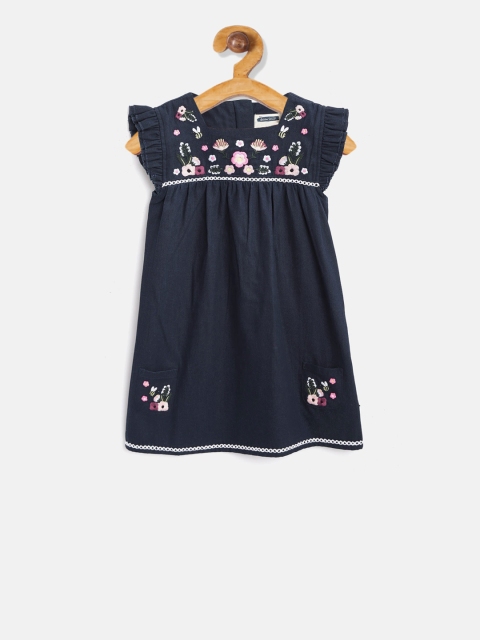 

Cherry Crumble Girls Navy Blue Embroidered A-Line Dress