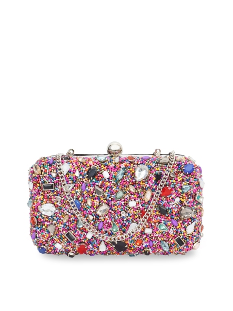 

Diwaah Women Multicoloured Beads & Stone Embellished Velvet Box Clutch, Multi