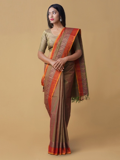 

Unnati Silks Green & Pink Pure Kanchi Cotton Solid Handloom Saree