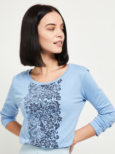 

max Women Blue Printed Round Neck T-shirt
