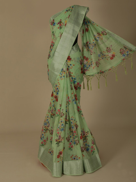 

Pothys Green & Red Linen Blend Woven Design Saree