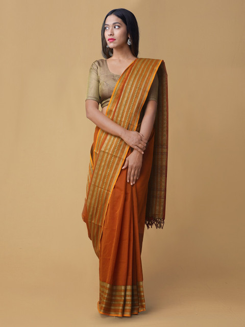 

Unnati Silks Orange Striped Pure Kanchi Cotton Saree