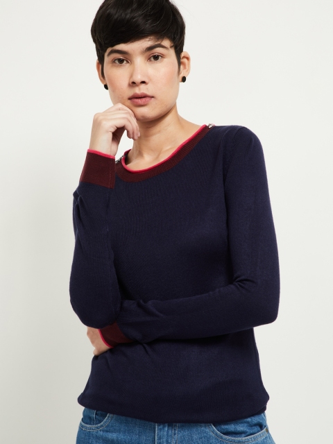 

max Women Navy Blue Solid Pullover Sweater