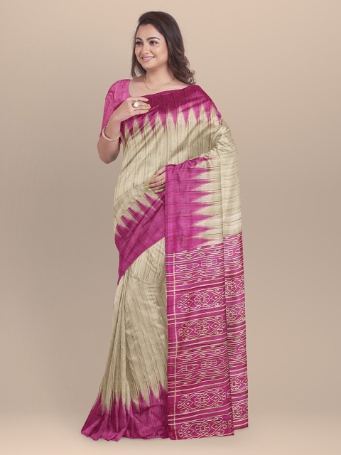 

BharatSthali Beige & Pink Pure Silk Printed Sambalpuri Saree