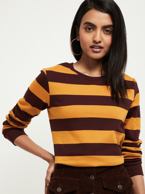 

max Women Yellow & Maroon Striped Round Neck T-shirt