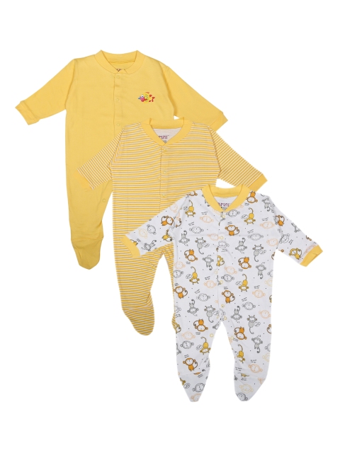 

BUMZEE Infants Pack of 3 Yellow & White Slip Resistant Sleepsuits