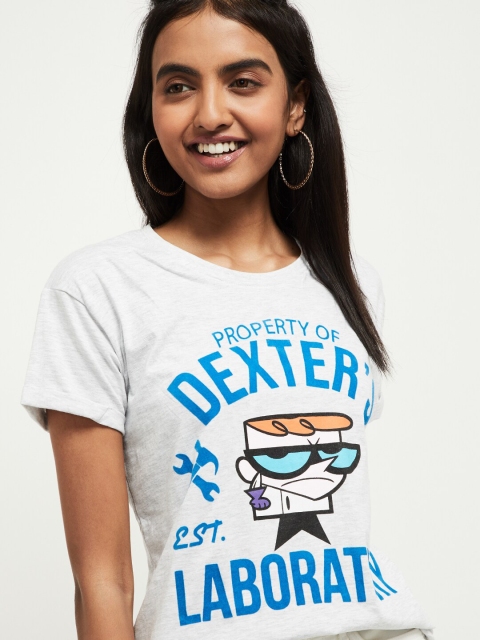

max Women Grey Printed Round Neck T-shirt