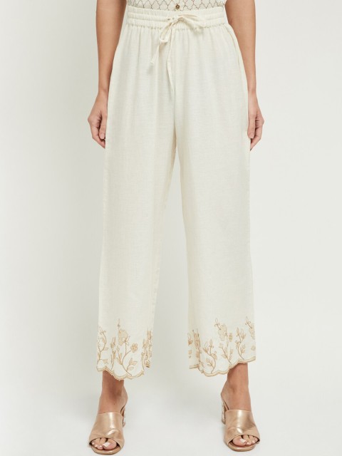 

max Women Off-White & Gold Embroidered Flared Palazzos
