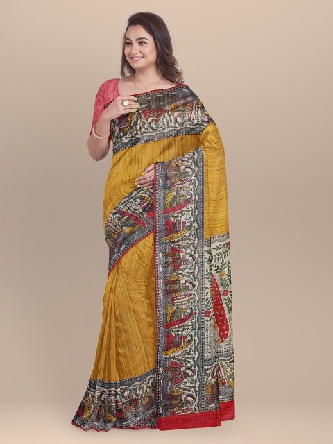 

BharatSthali Mustard Yellow & Grey Pure Silk Madhubani Printed Sustainable Saree