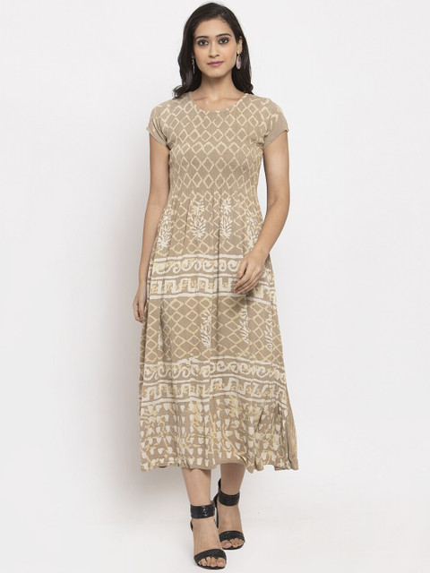 

RAISIN Women Beige Printed Fit and Flare Dress