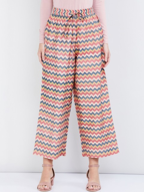 

max Women Peach-Coloured & Blue Regular Fit Printed Parallel Trousers