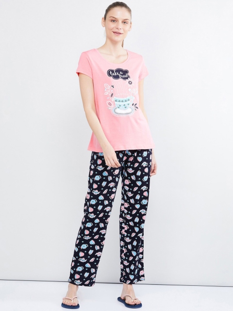 

max Women Pink & Navy Blue Printed Night suit