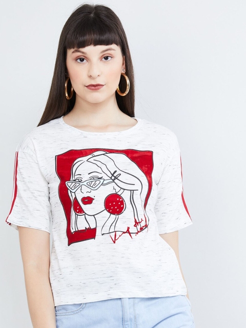 

max Women White Printed Round Neck T-shirt