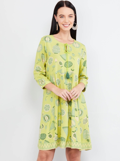 

max Women Lime Green Printed A-Line Dress