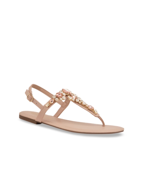 

London Rag Women Nude-Coloured Embellished PU T-Strap Flats