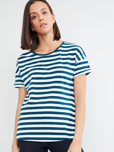 

max Women White & Blue Striped Round Neck T-shirt