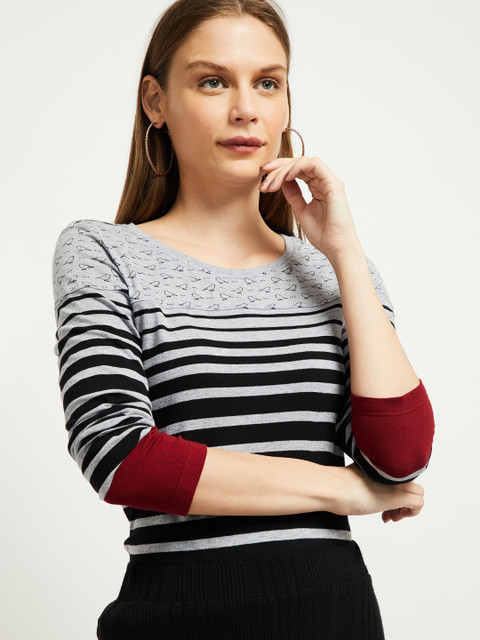 

max Women Grey Striped Round Neck T-shirt