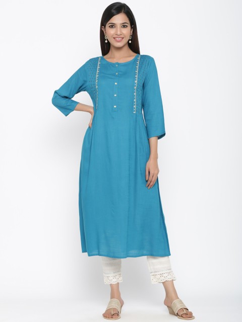 

Juniper Women Teal Blue Embroidered A-Line Kurta