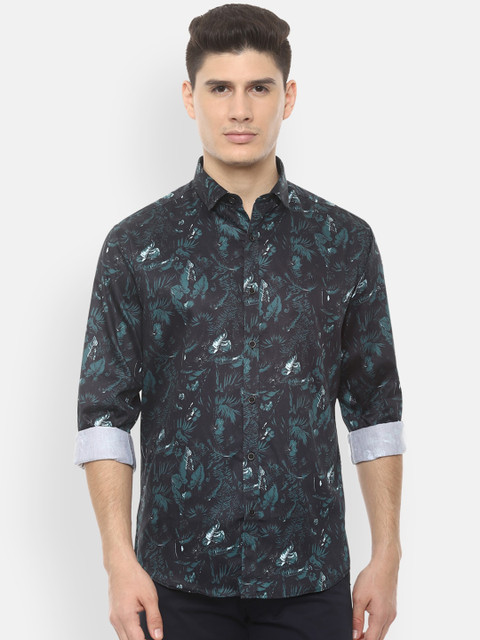 

V Dot Men Black Slim Fit Printed Casual Shirt