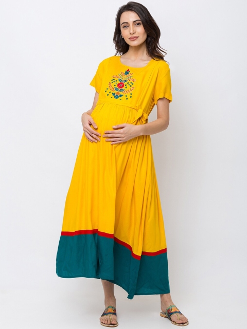 

MomToBe Women Yellow & Green Floral Embroidered Maxi Maternity Dress