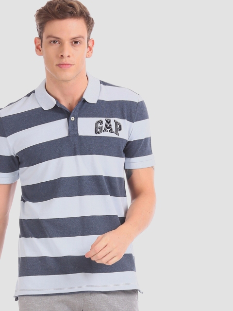

GAP Men Blue Striped Polo Collar T-shirt