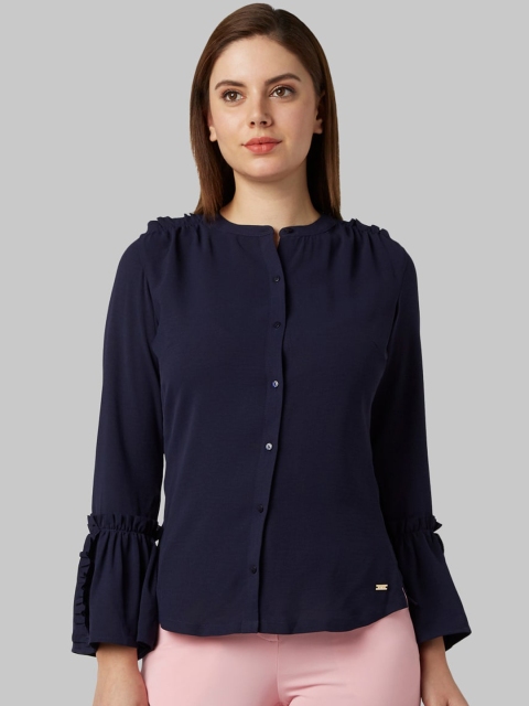 Park Avenue Women Navy Blue Solid Shirt Style Top