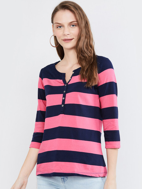 

max Women Navy Blue Striped Henley Neck T-shirt