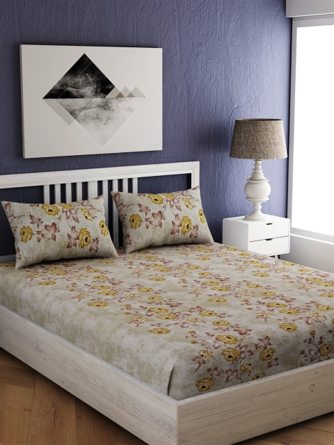 

EverHOME Beige & Yellow Floral 210 TC Cotton 1 King Bedsheet with 2 Pillow Covers