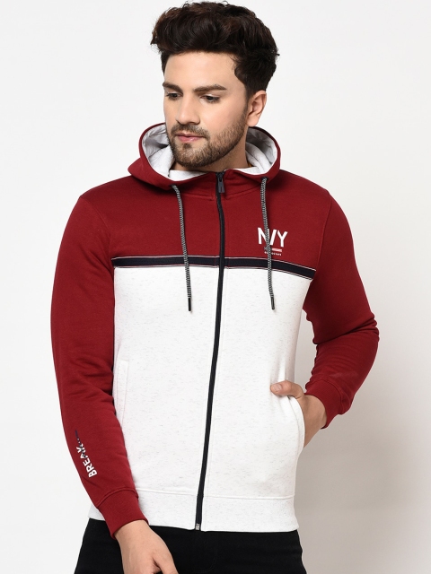 

Octave Men Maroon & White Colourblocked Hooded Sweatshirt