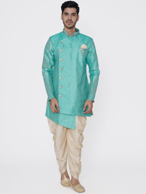 

Manyavar Men Turquoise Blue & Beige Self Design Kurta with Dhoti Pants