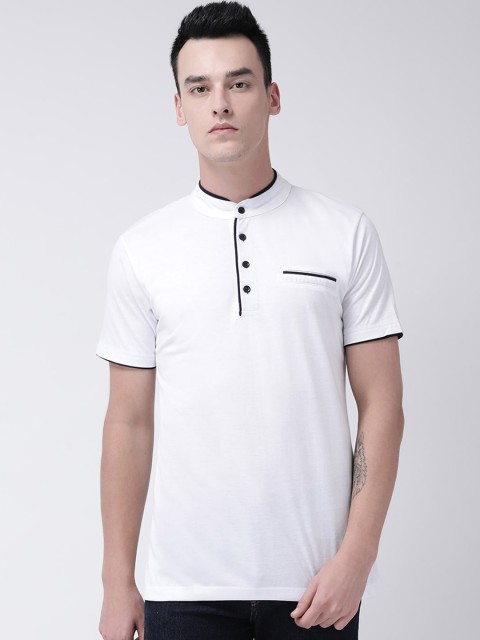 

GRACIT Men White Solid Mandarin Collar T-shirt