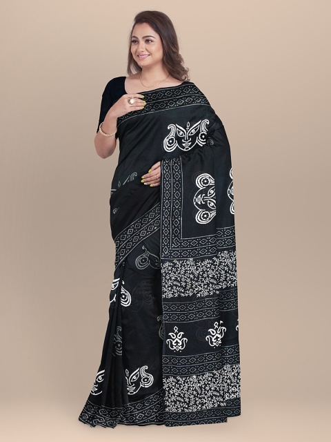 

BharatSthali Black & Off-White Pure Cotton Printed Handloom Saree