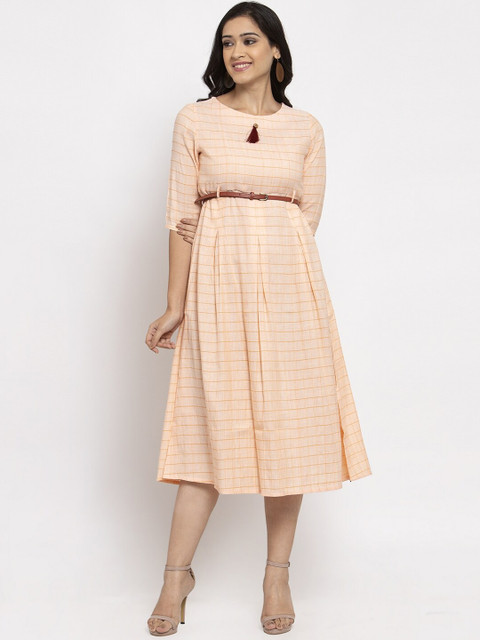 

RAISIN Women Orange Checked Fit and Flare Dress